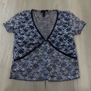 Forever 21 Women’s Navy Blue Lace Sheer Blouse with Velvet trim Size Small